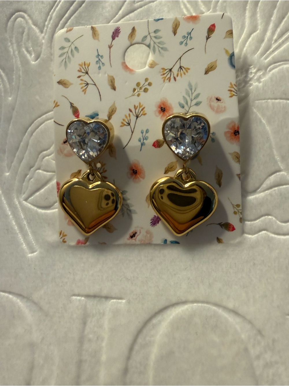 18K Gold Heart Drop Earrings with Clear Crystal Heart studs